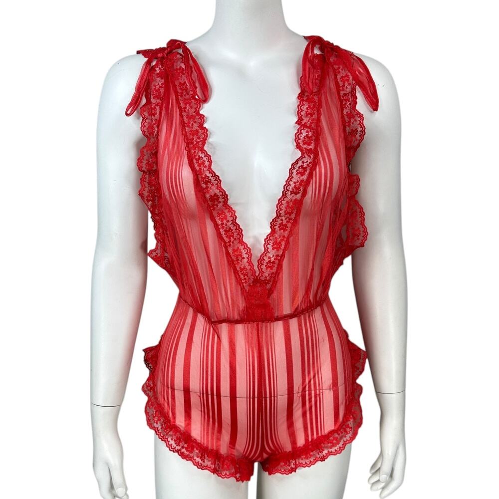 Vintage Fredericks of Hollywood Lingerie Teddy Womens Size Small Red Sheer Lace
